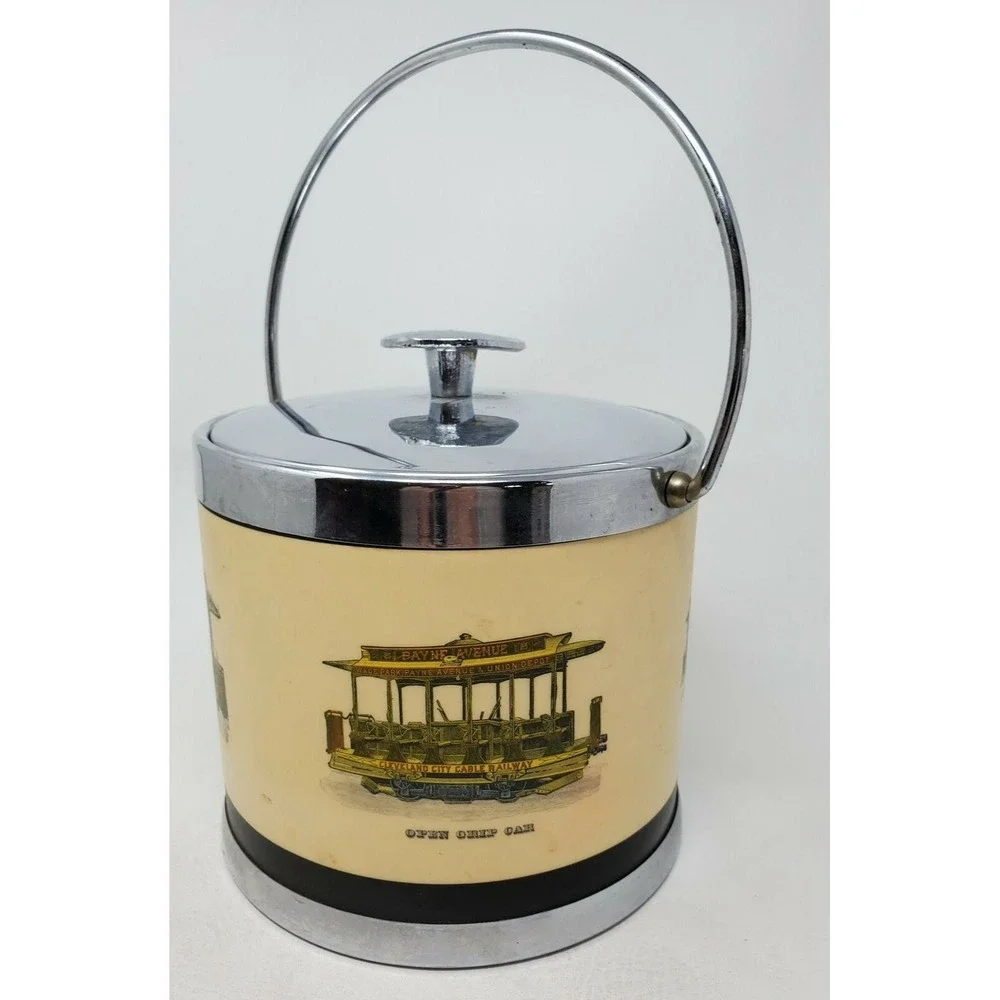 Serv-Master Ice Bucket San Francisco Trolley Cars Chrome Vintage 1960s Cream 1pc